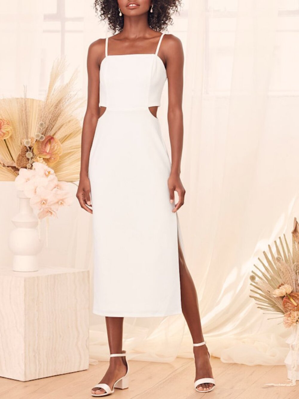 White Sleeveless Waist Cutout Midi Dress